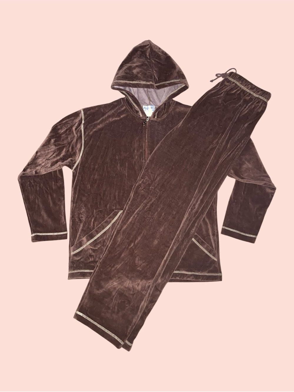 Brown Velour Hoodie and Pants Tracksuit Set